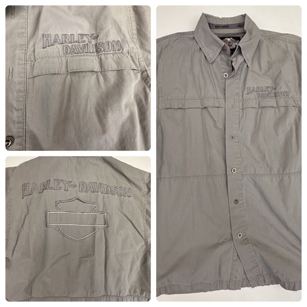 Vintage Harley Davidson Motorcycle Garage Work Shirt Button Up, Gray, Medium